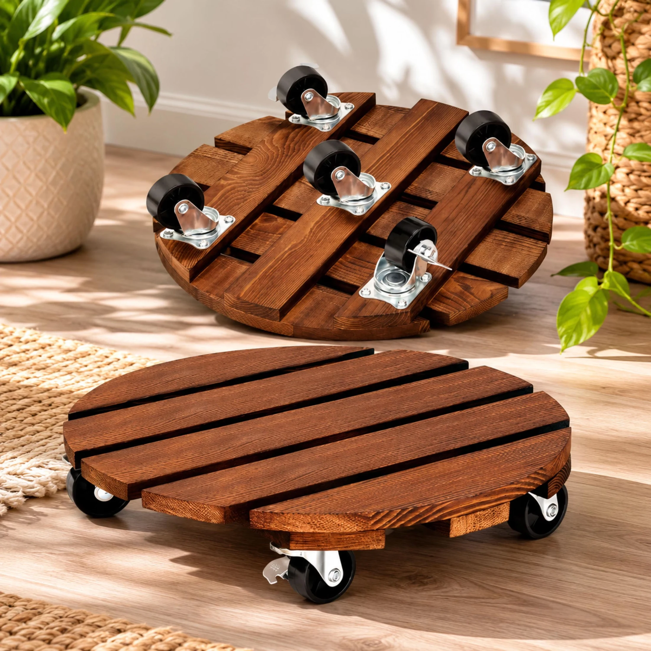 Wooden plant stands in a bright living room