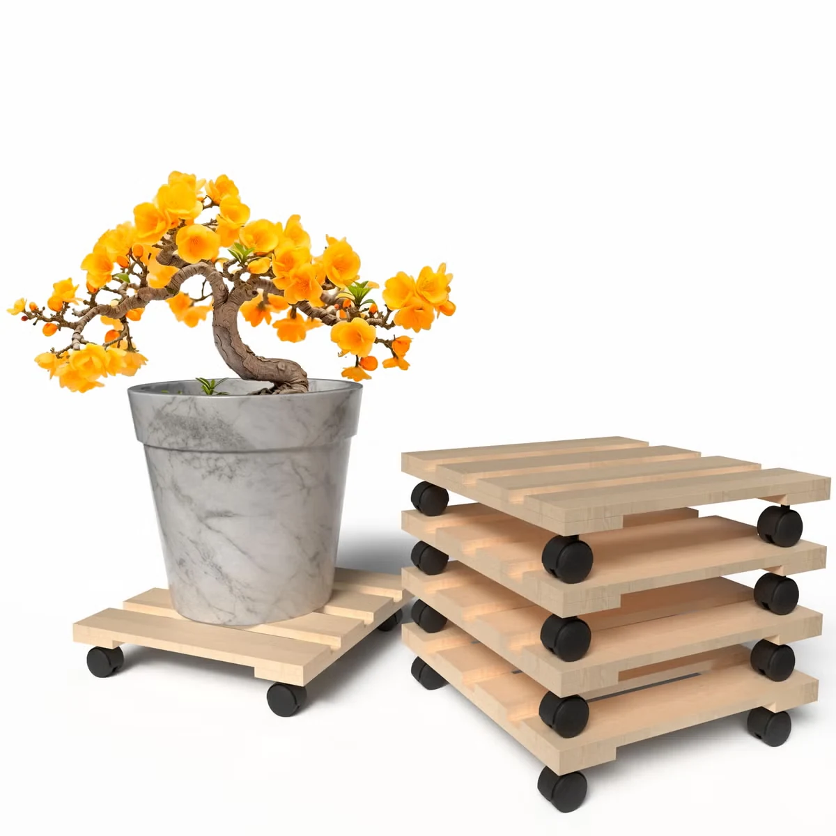 Square wooden plant stand styled near plants
