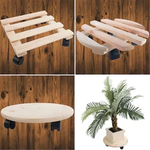 Round wooden stand with smooth caster wheels
