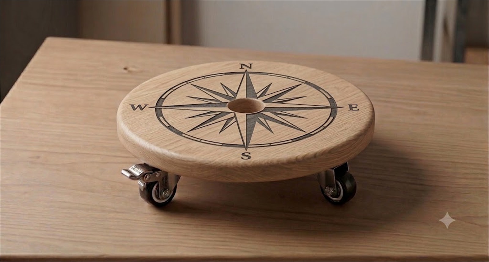 Round wooden plant caddy with compass design
