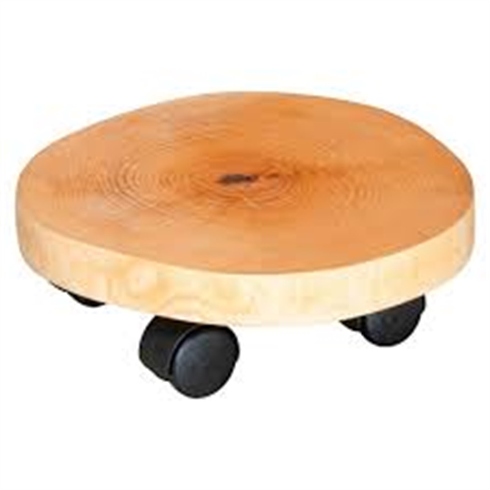 Low round wooden plant caddy with black wheels