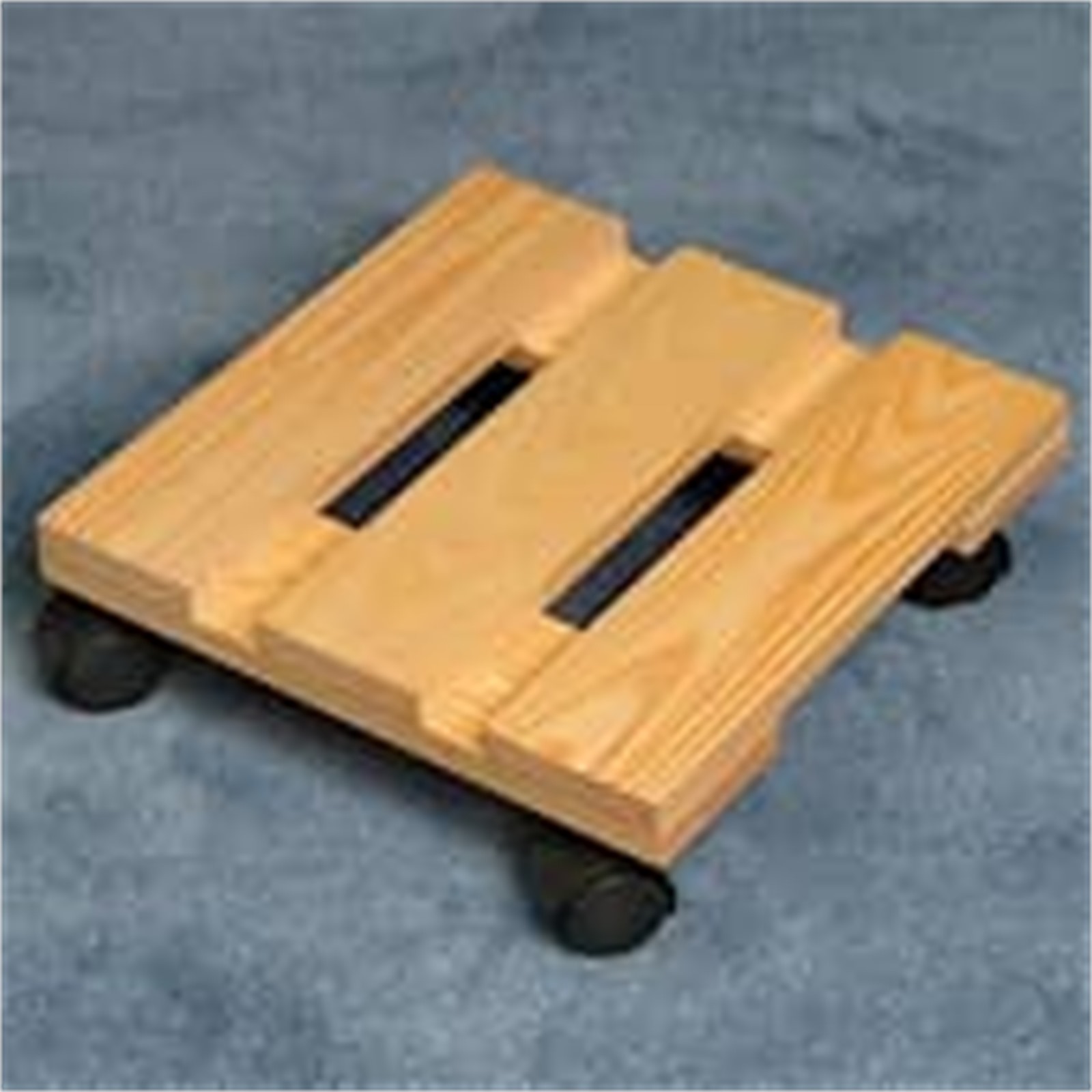 Square wooden plant stand on a blue floor