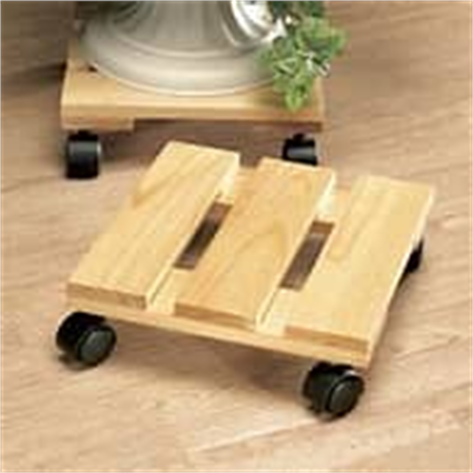 Square wooden plant stand styled near plants