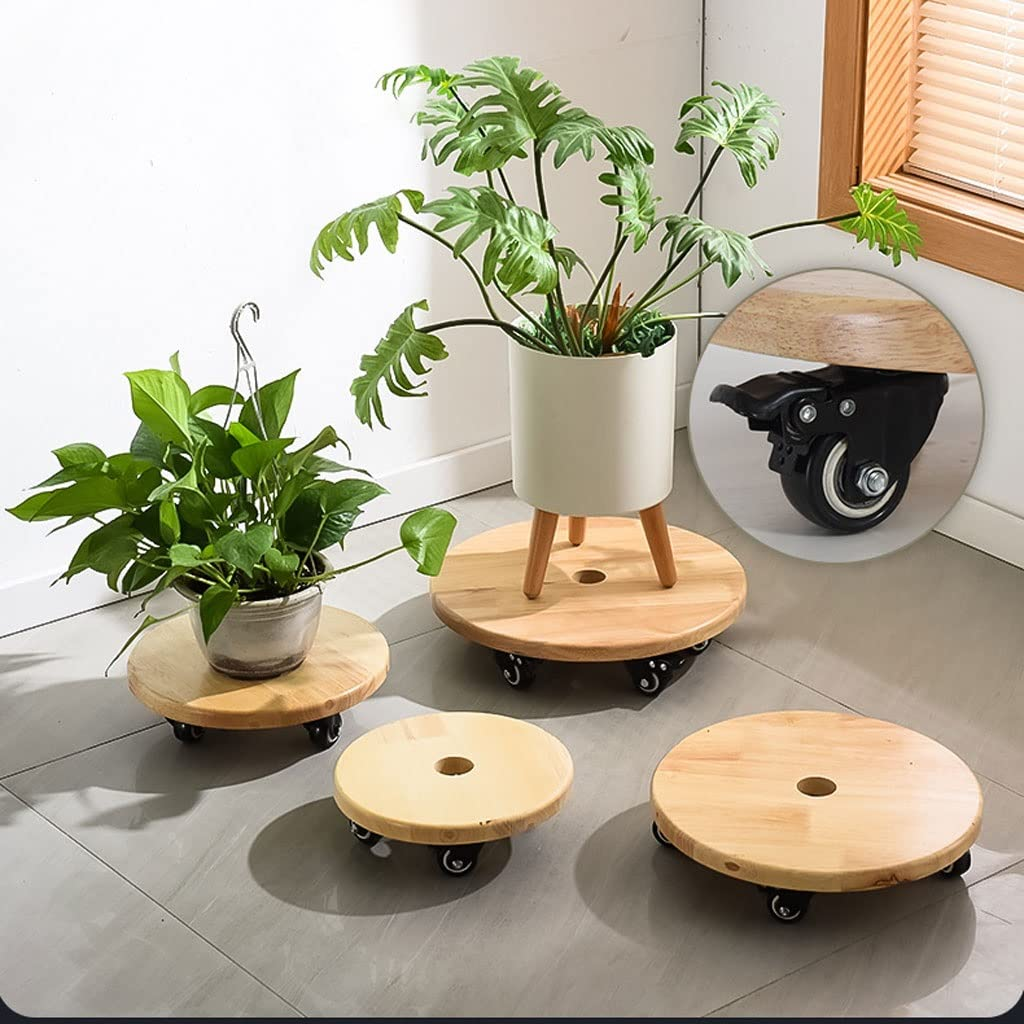 Wooden plant stands in a bright living room